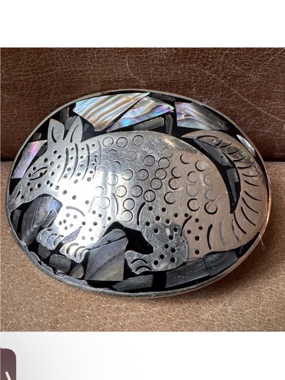 Unique Armadillo Belt Buckle Silver Mexico abalone mother of pearl western